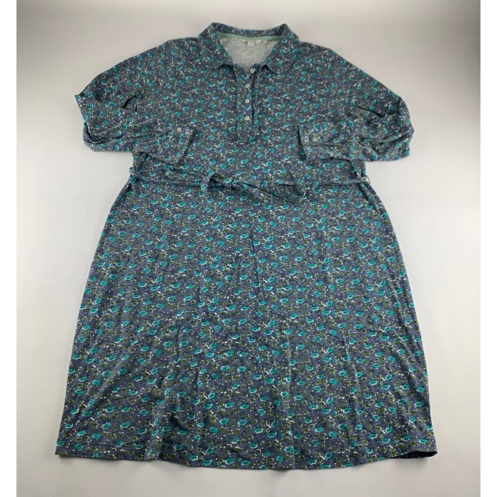 Boden Blue Green Collared Midi Shirt Dress with Sash Size 16 L 0064